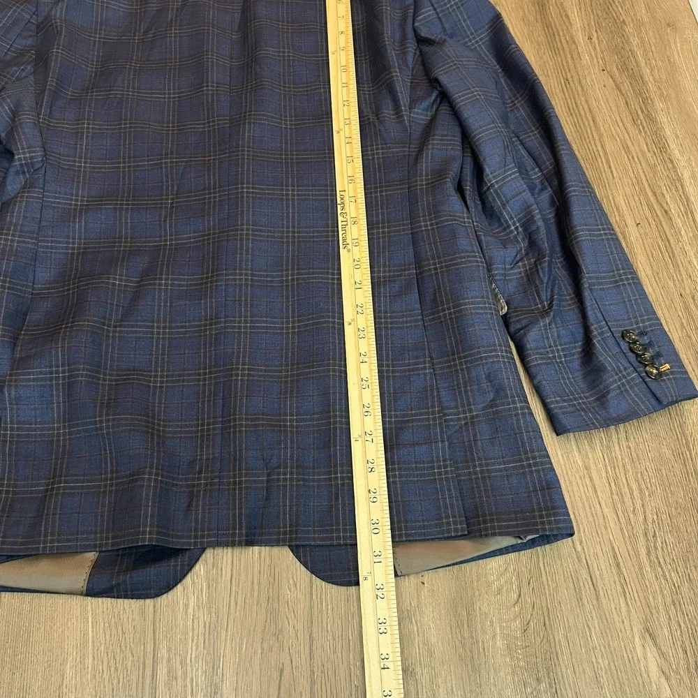 Jos. A. Bank 42L 100% Wool Navy Glen Plaid Suit Double Pleated Cuffed Pants